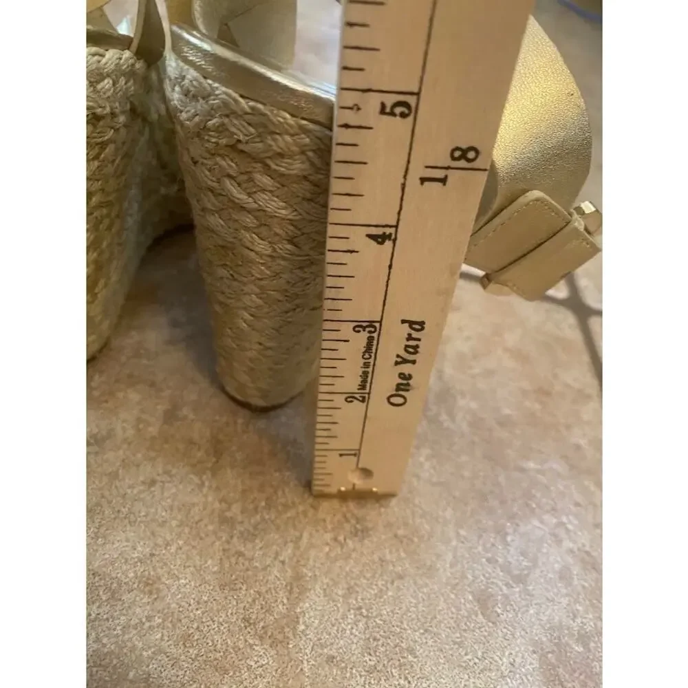 MICHAEL KORS Metallic Gold Leather Ankle Strap Espadrille Wedge Sandal 9.5M